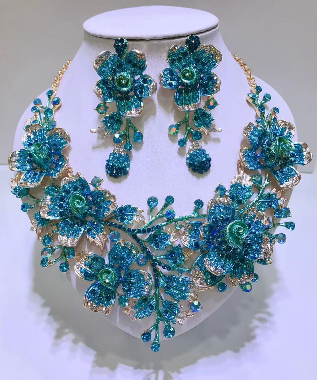 Turquoise Rhinestone Floral Statement Jewellery Set