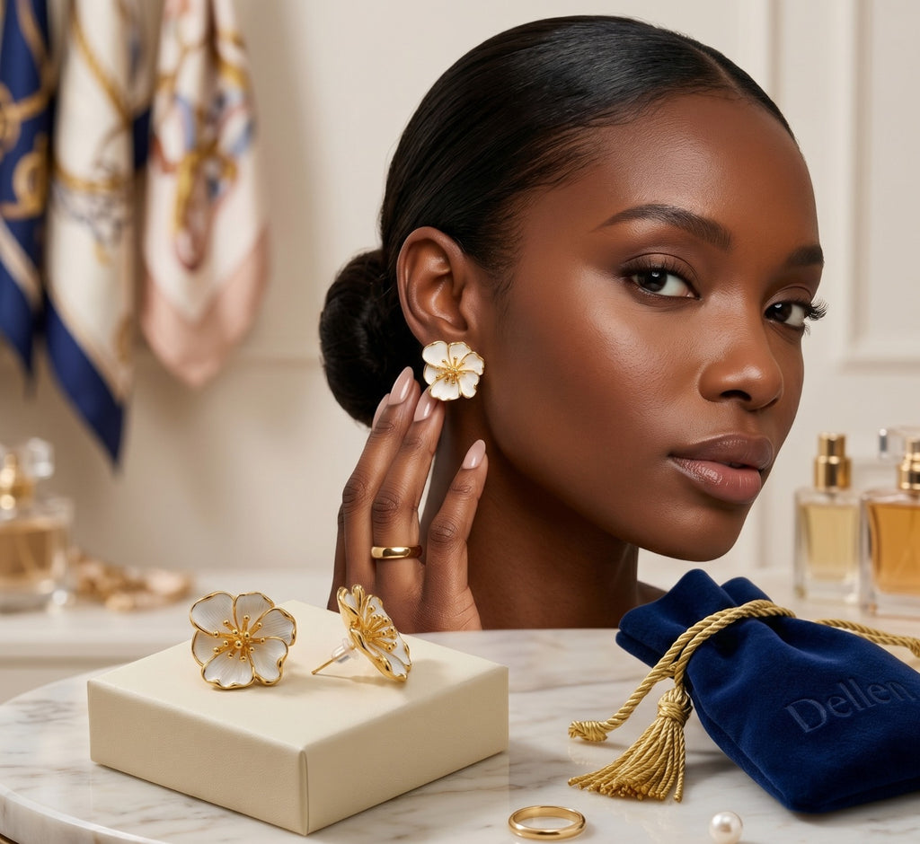 White and Gold Floral Earrings