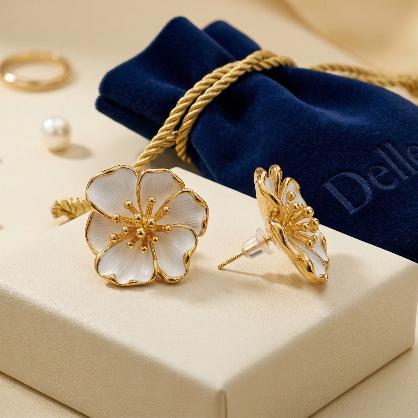 White and Gold Floral Earrings