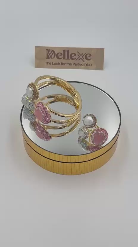 Statement 3-stone Pink, Brown and Iridescent rhinestone and pearl bangle with matching ring