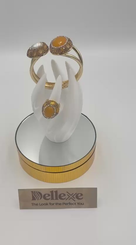 Gold-plated Amber-coloured gemstones cuff bracelet with matching ring