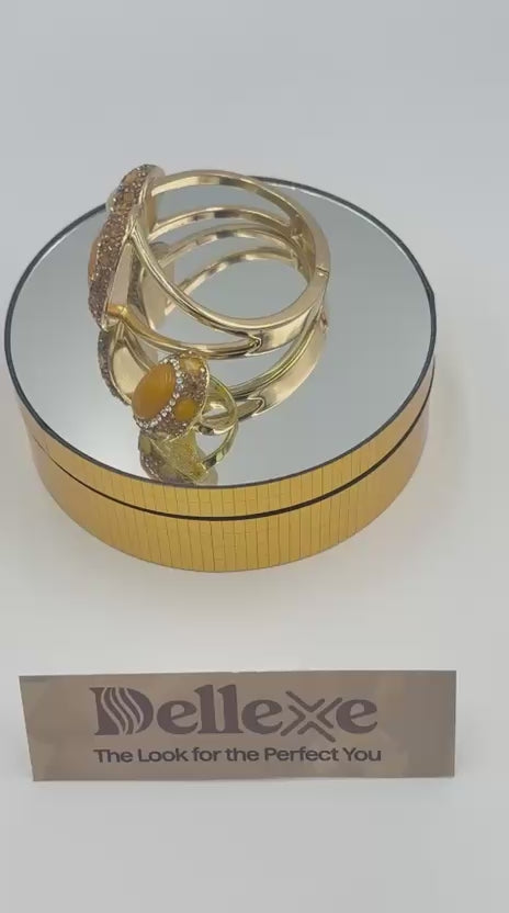 Gold-plated Amber-coloured gemstones cuff bracelet with matching ring